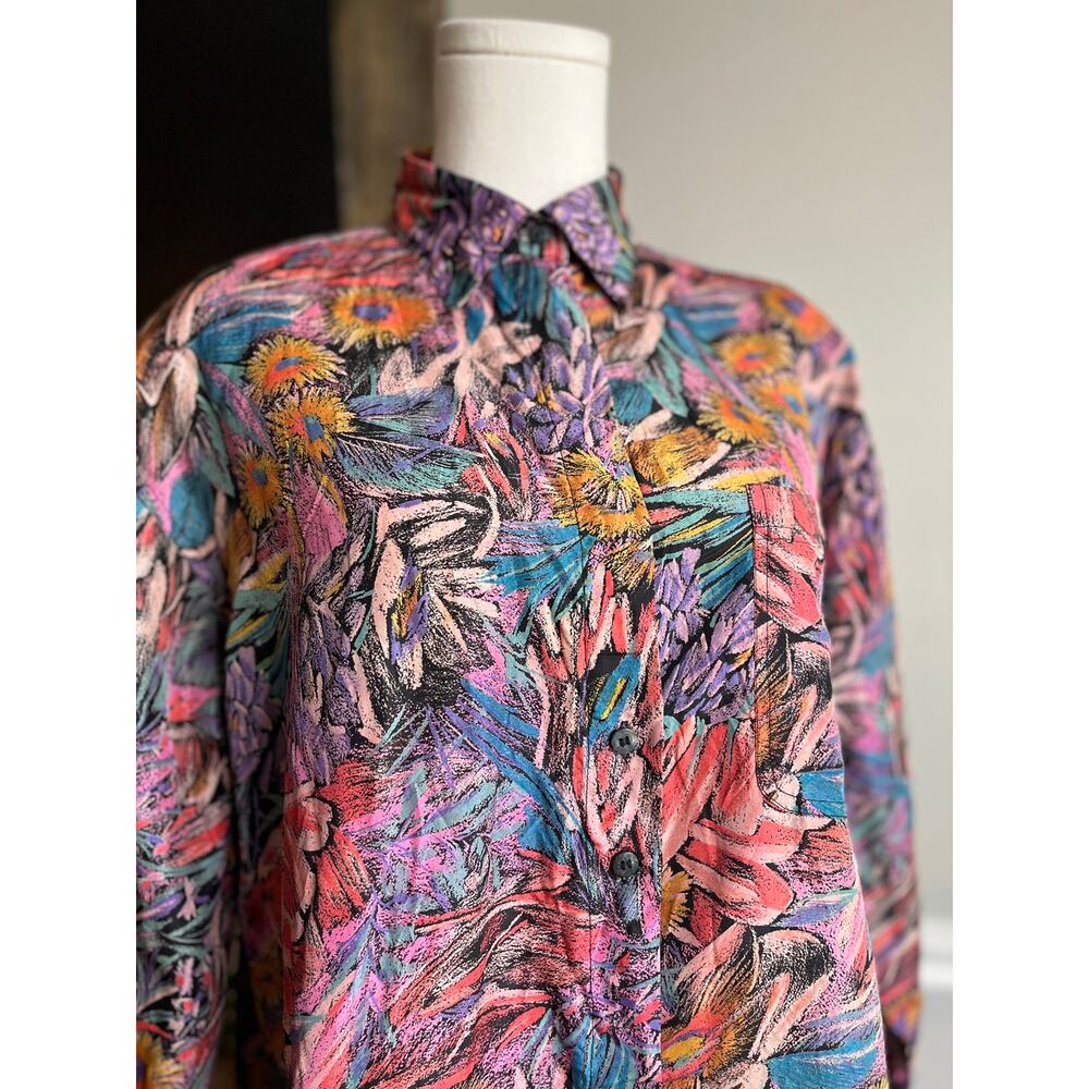 Vintage 90s Silk Button Down Floral Art to Wear Size Small